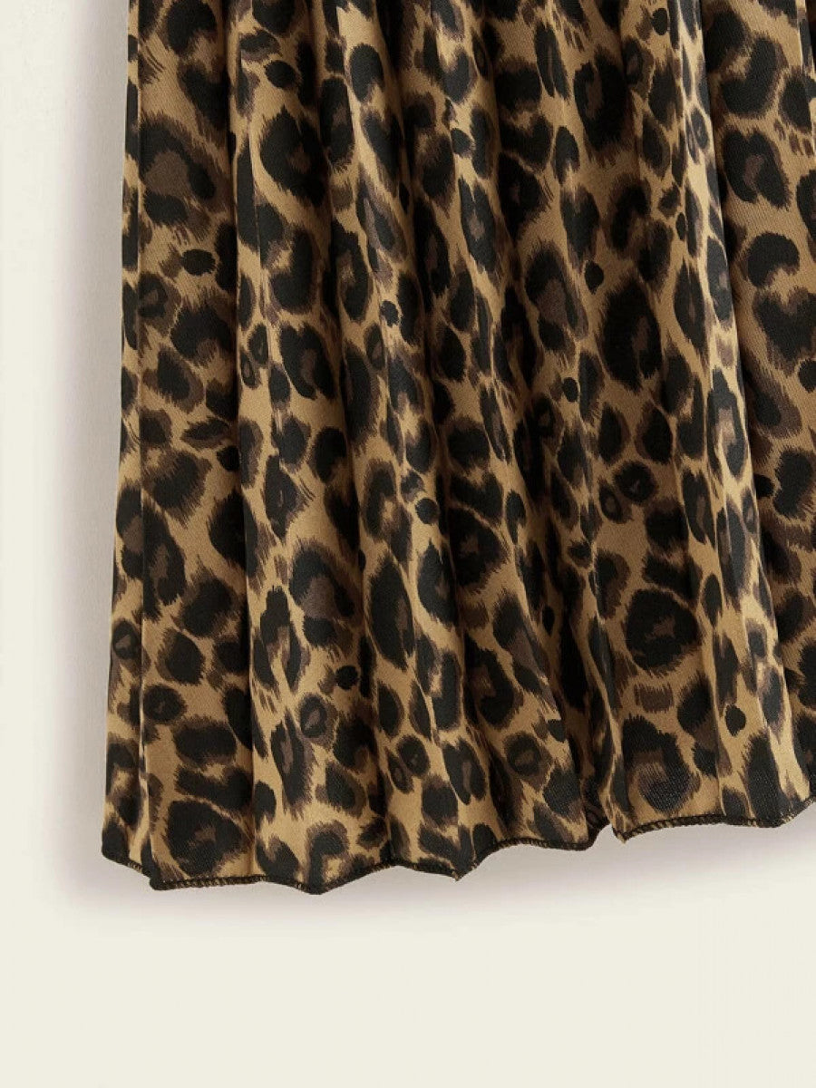 Cheetah Print Elastic Waist Pleated Skirt Shein