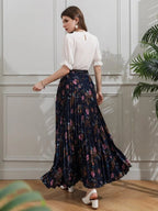 Allover Floral Belted Pleated Skirt Shein