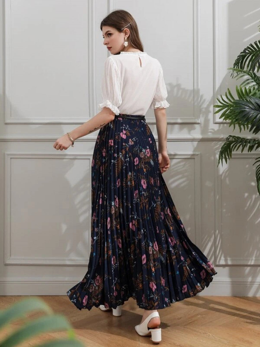 Allover Floral Belted Pleated Skirt Shein