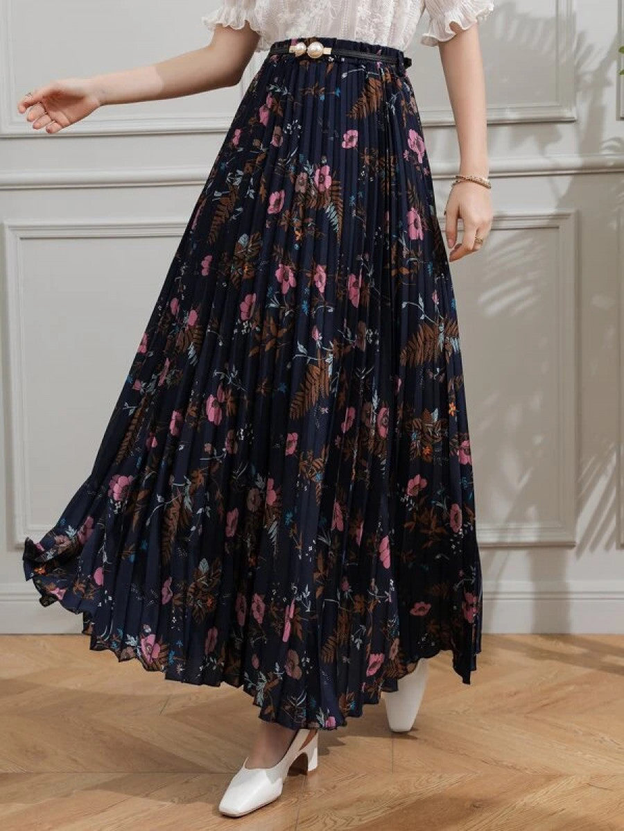 Allover Floral Belted Pleated Skirt Shein