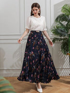 Allover Floral Belted Pleated Skirt Shein