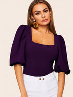 Bishop Sleeve Square Neck Slim Top Shein