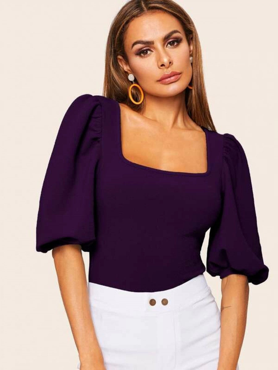 Bishop Sleeve Square Neck Slim Top Shein