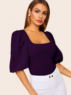 Bishop Sleeve Square Neck Slim Top Shein