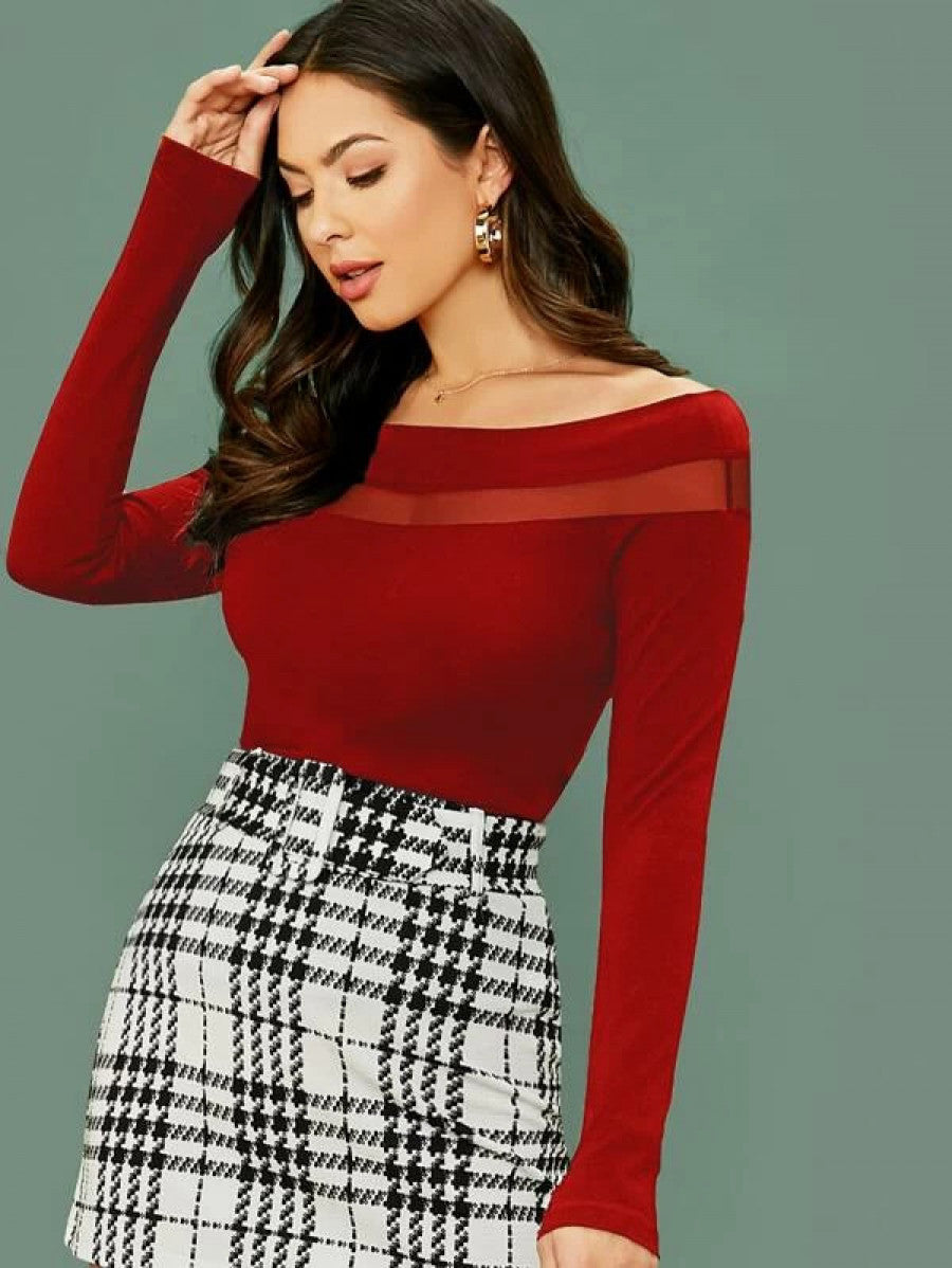 Sheer Mesh Insert Off-the-Shoulder Top Shein