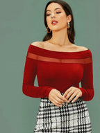Sheer Mesh Insert Off-the-Shoulder Top Shein