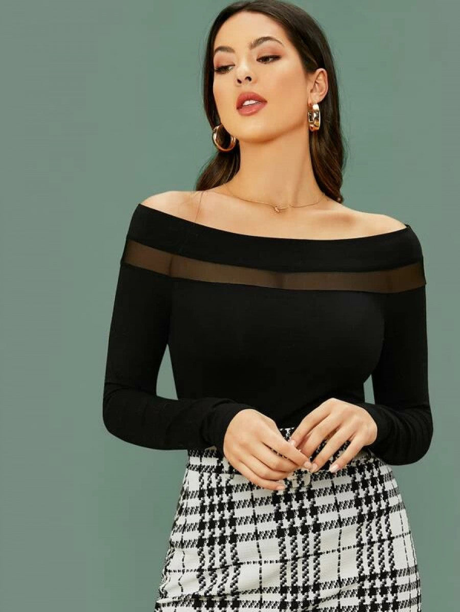Sheer Mesh Insert Off-the-Shoulder Top Shein