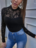 Mock-neck Geo Mesh Yoke Fitted Tee Shein