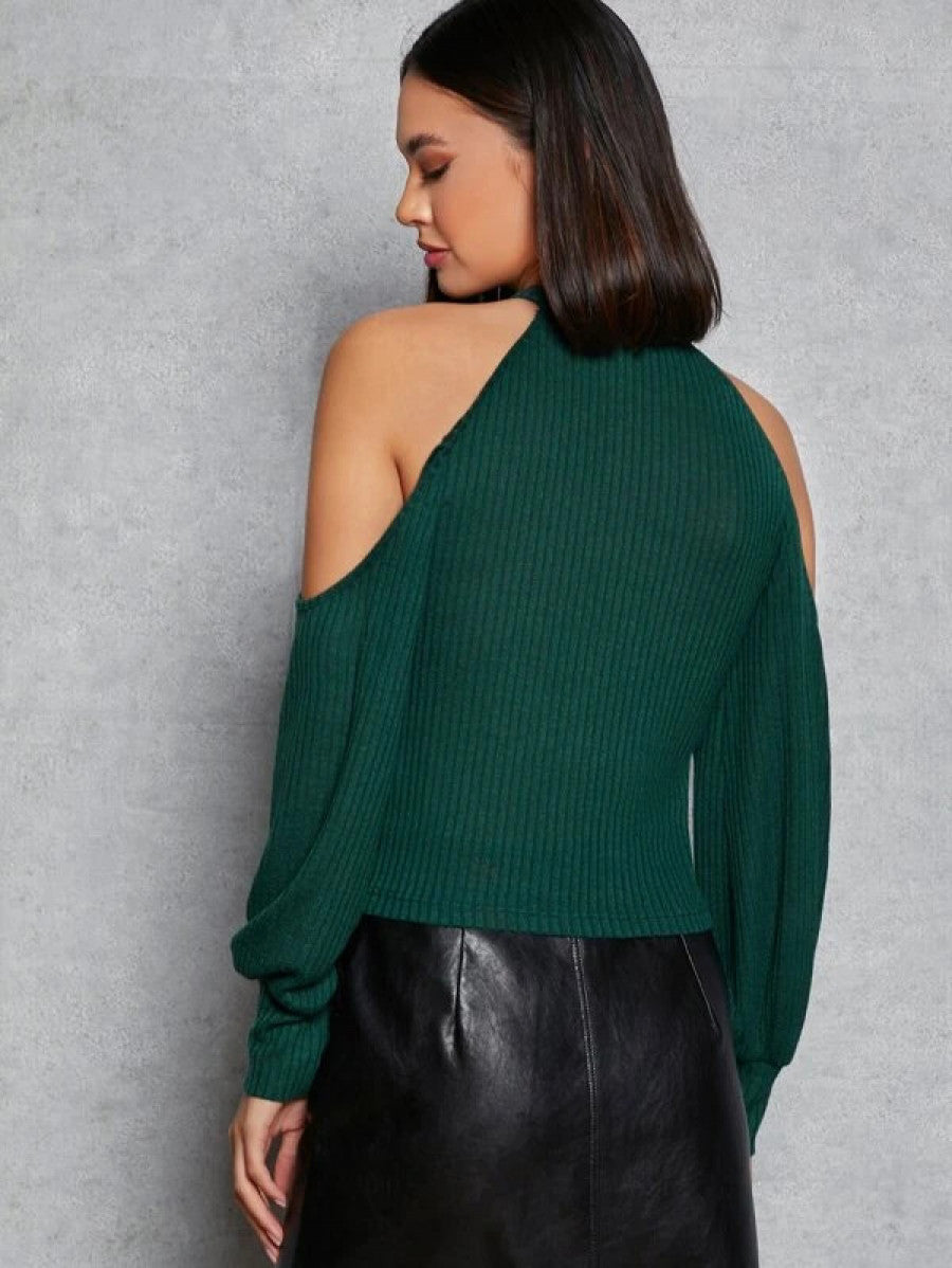 Cold Shoulder Rib-knit Tee Shein