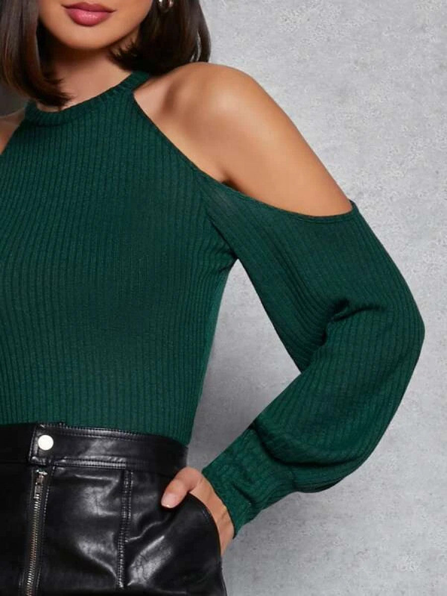 Cold Shoulder Rib-knit Tee Shein