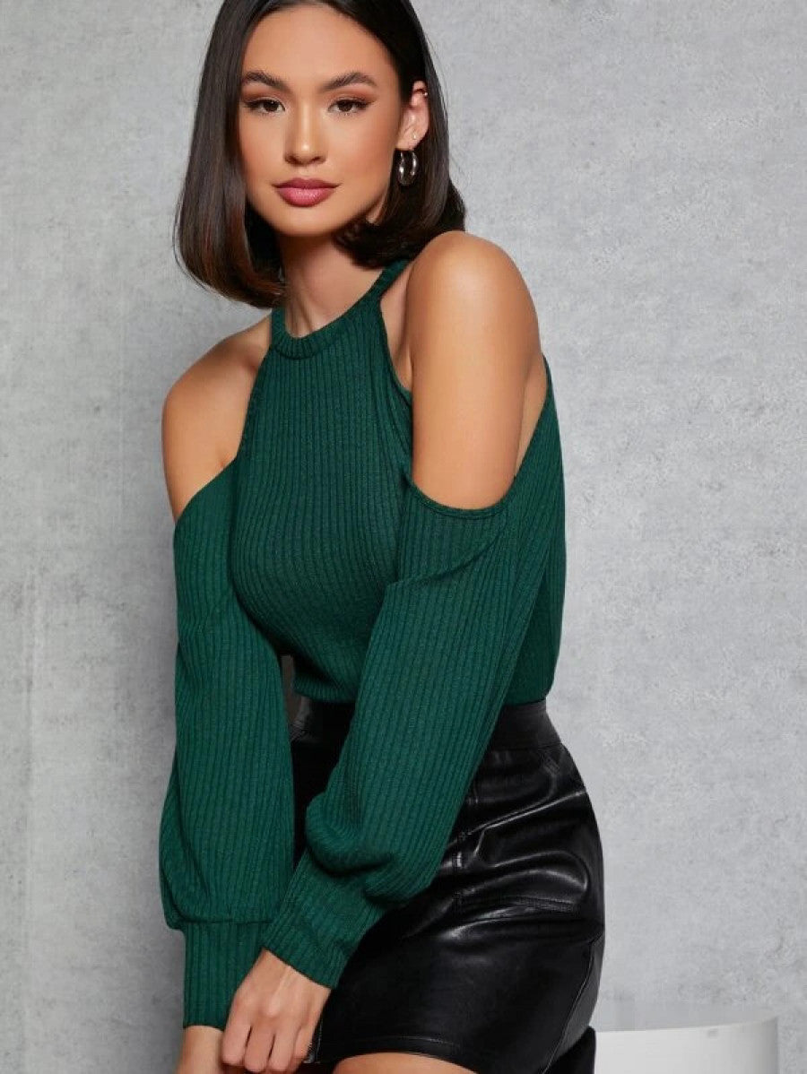 Cold Shoulder Rib-knit Tee Shein