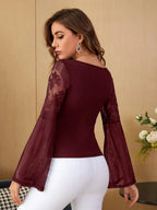 V-neck Lace Detail Bell Sleeve Tee Shein