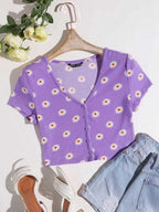 Buttoned Front Floral Crop Tee Shein