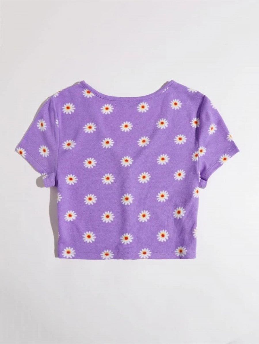Buttoned Front Floral Crop Tee Shein