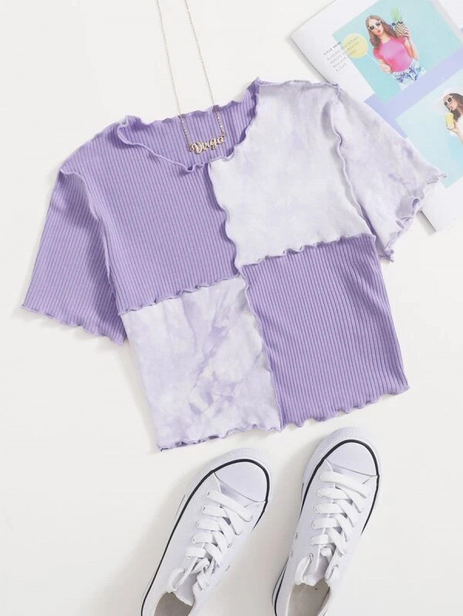Tie Dye Panel Seam Front Crop Tee Shein