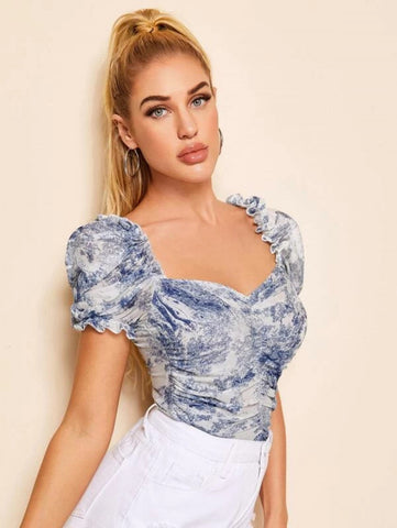 Ruched Landscape Print Mesh Milkmaid Top