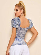 Ruched Landscape Print Mesh Milkmaid Top Shein