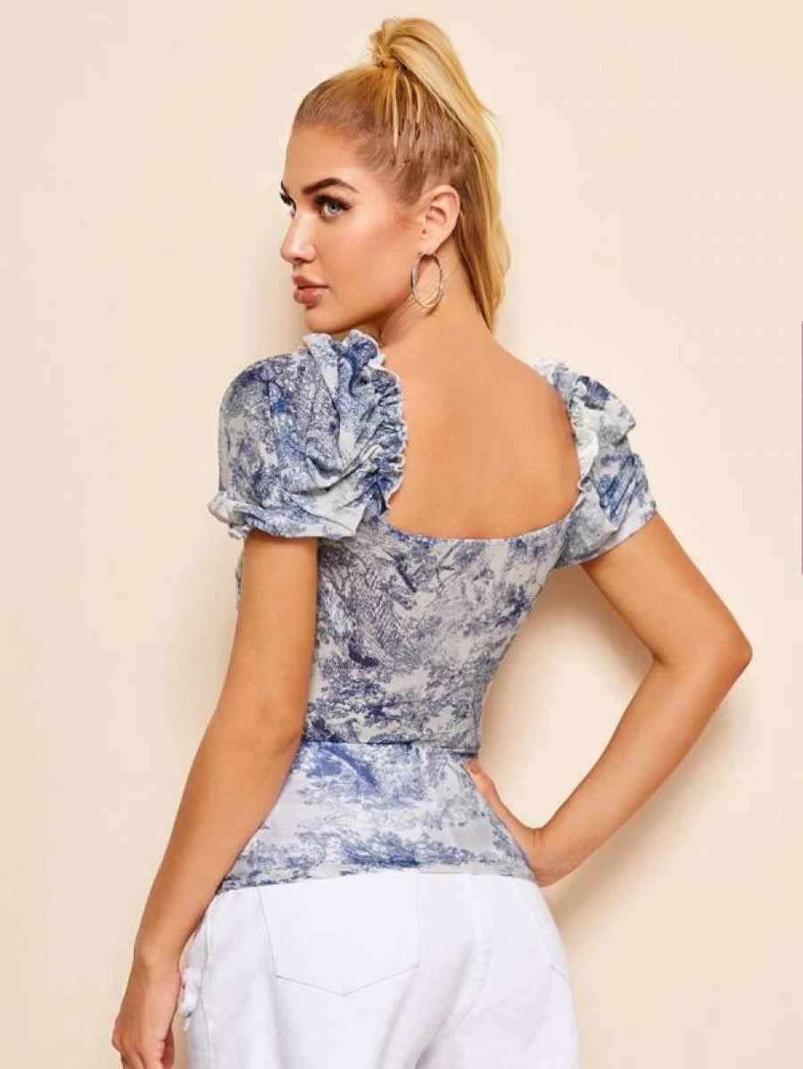 Ruched Landscape Print Mesh Milkmaid Top Shein