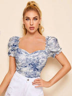 Ruched Landscape Print Mesh Milkmaid Top Shein