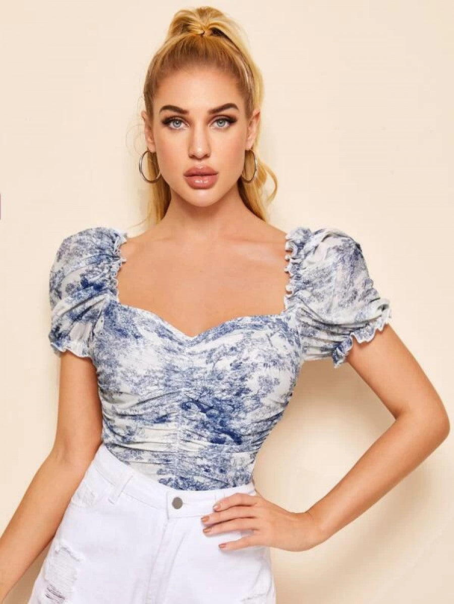 Ruched Landscape Print Mesh Milkmaid Top Shein