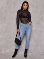 Lettuce Edge Glitter Mesh Top Without Bra Shein