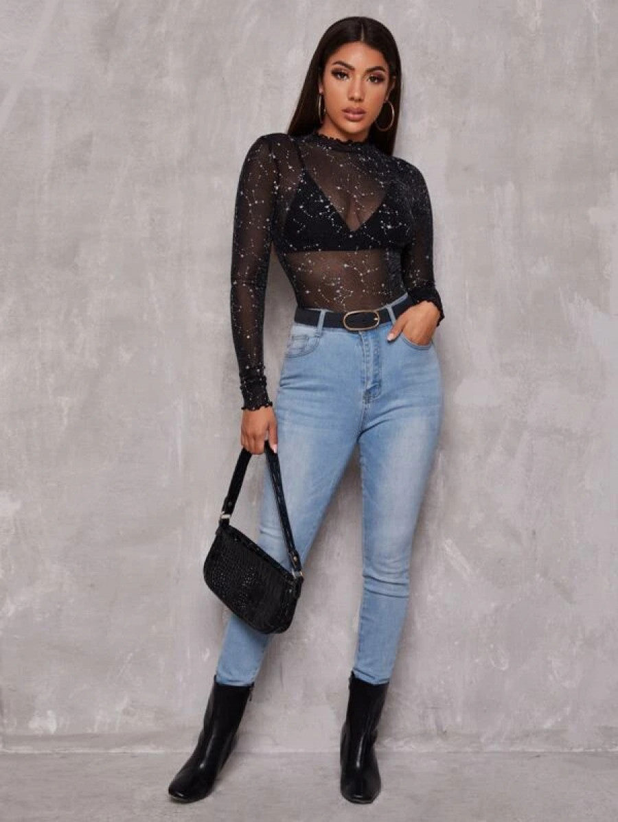 Lettuce Edge Glitter Mesh Top Without Bra Shein