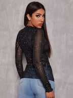 Lettuce Edge Glitter Mesh Top Without Bra Shein