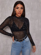 Lettuce Edge Glitter Mesh Top Without Bra Shein