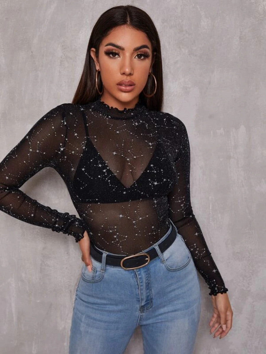 Lettuce Edge Glitter Mesh Top Without Bra Shein