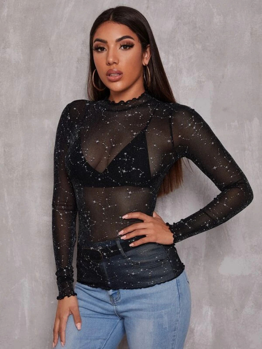 Lettuce Edge Glitter Mesh Top Without Bra Shein