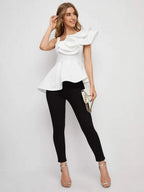 Asymmetrical Neck Ruffle Trim Peplum Top Shein