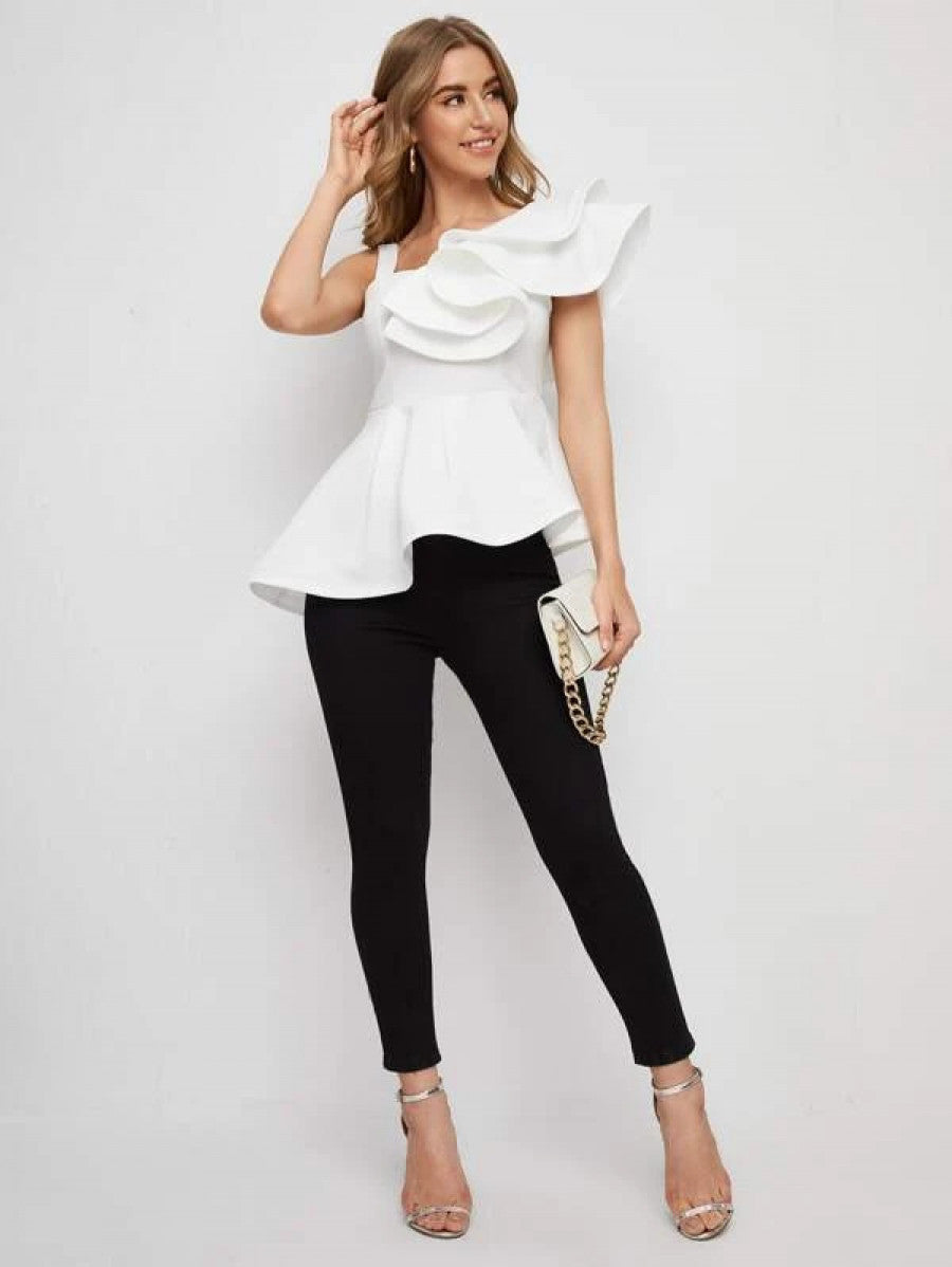 Asymmetrical Neck Ruffle Trim Peplum Top Shein