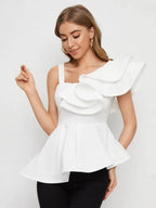Asymmetrical Neck Ruffle Trim Peplum Top Shein