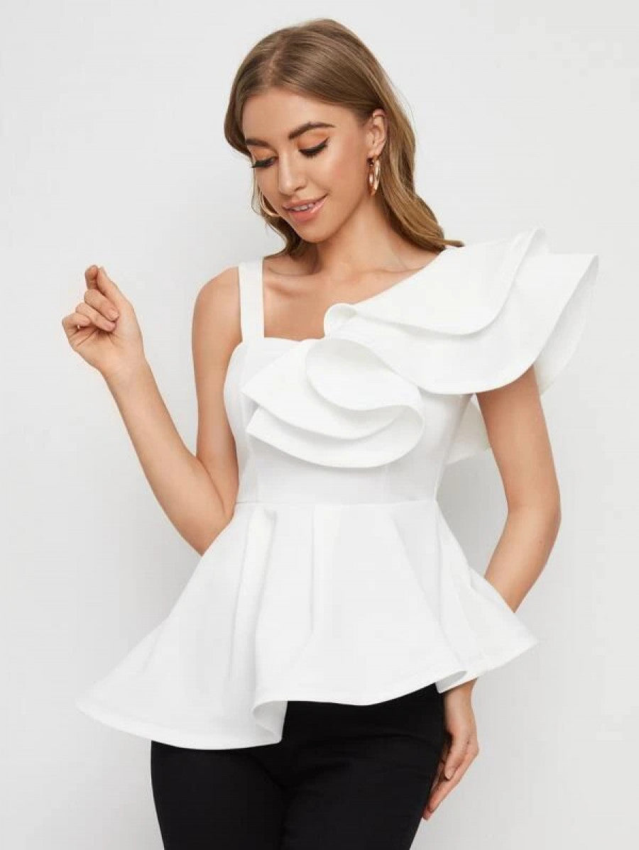 Asymmetrical Neck Ruffle Trim Peplum Top Shein