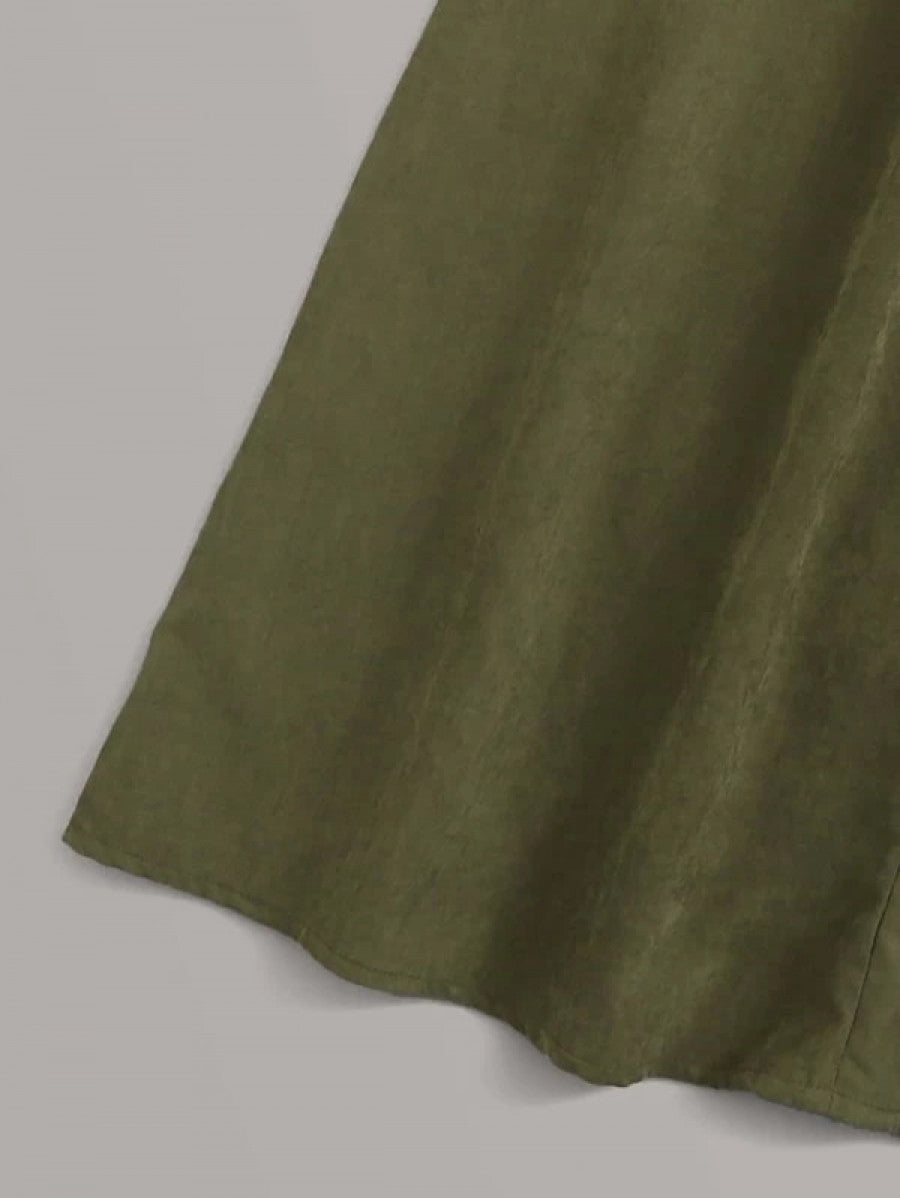 Solid Tee & Self Tie Button Front Skirt Shein