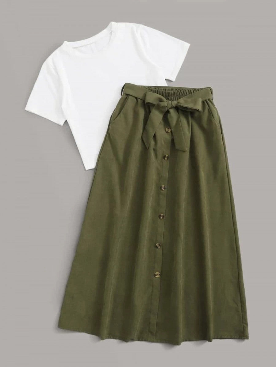 Solid Tee & Self Tie Button Front Skirt Shein