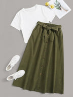 Solid Tee & Self Tie Button Front Skirt Shein