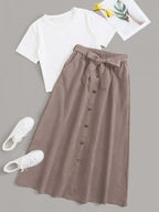 Solid Tee & Self Tie Button Front Skirt Shein