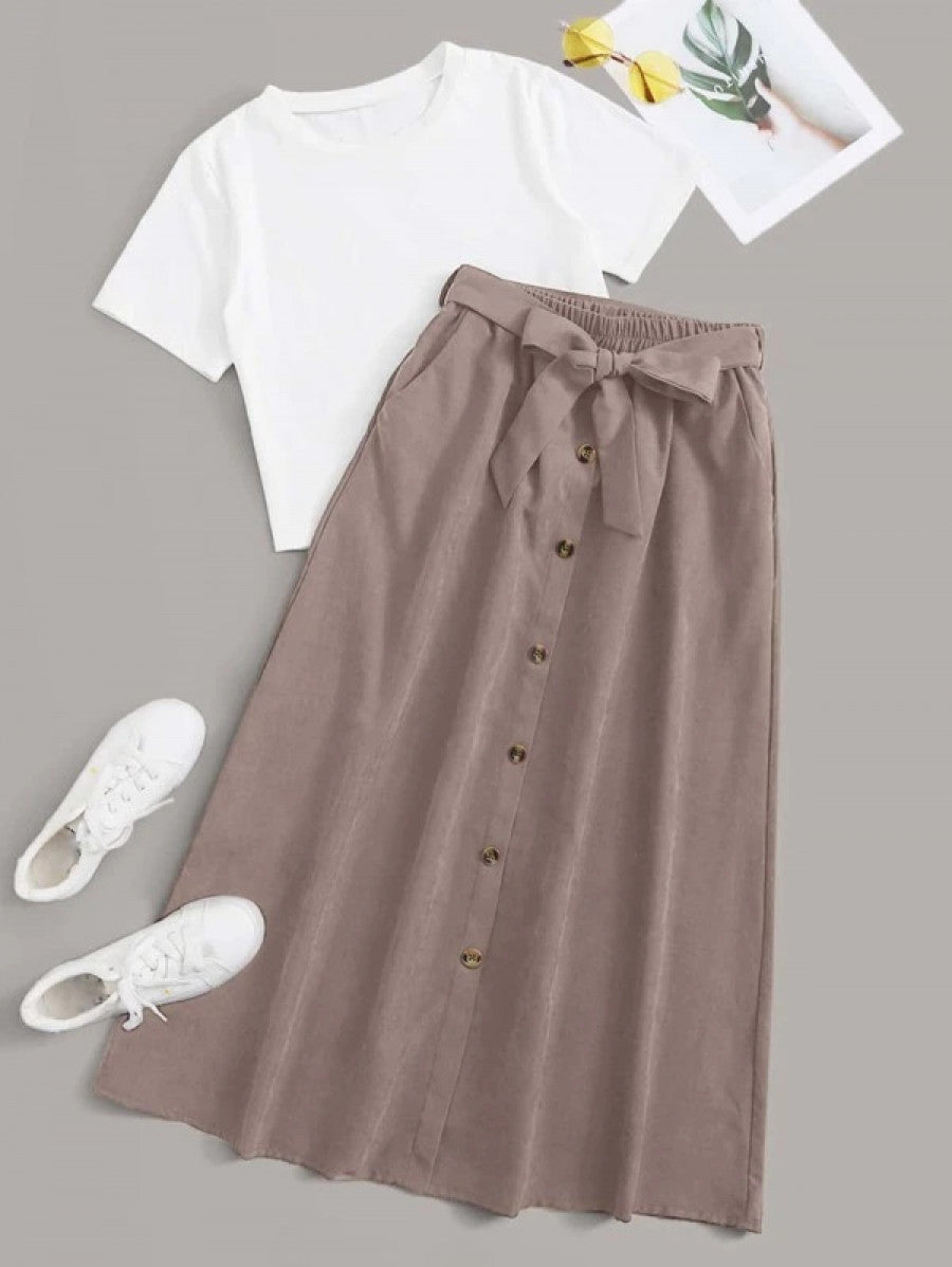 Solid Tee & Self Tie Button Front Skirt Shein