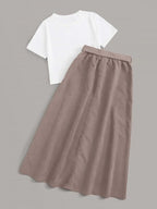 Solid Tee & Self Tie Button Front Skirt Shein