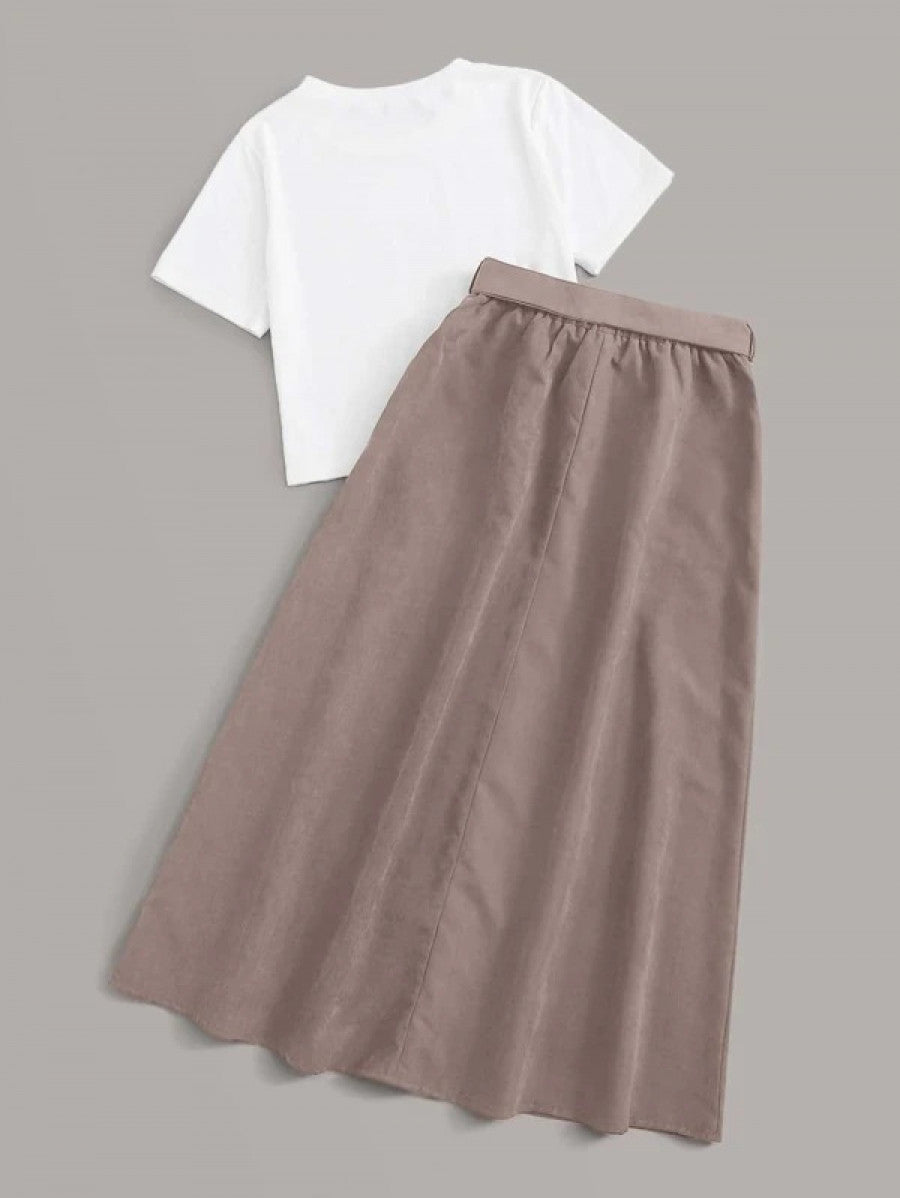 Solid Tee & Self Tie Button Front Skirt Shein