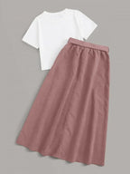 Solid Tee & Self Tie Button Front Skirt Shein