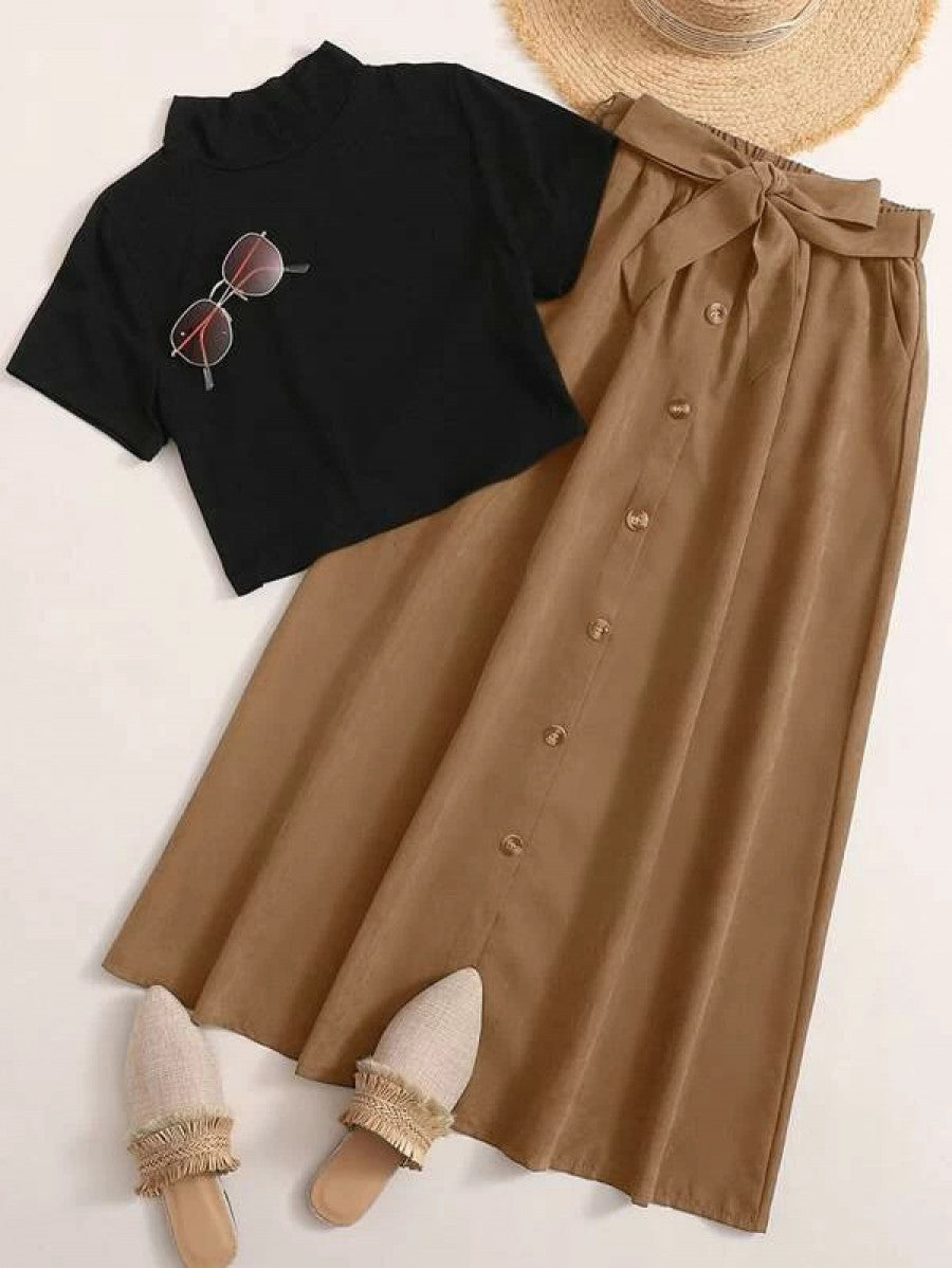 Mock Neck Tee & Button Through Belted Skirt Shein