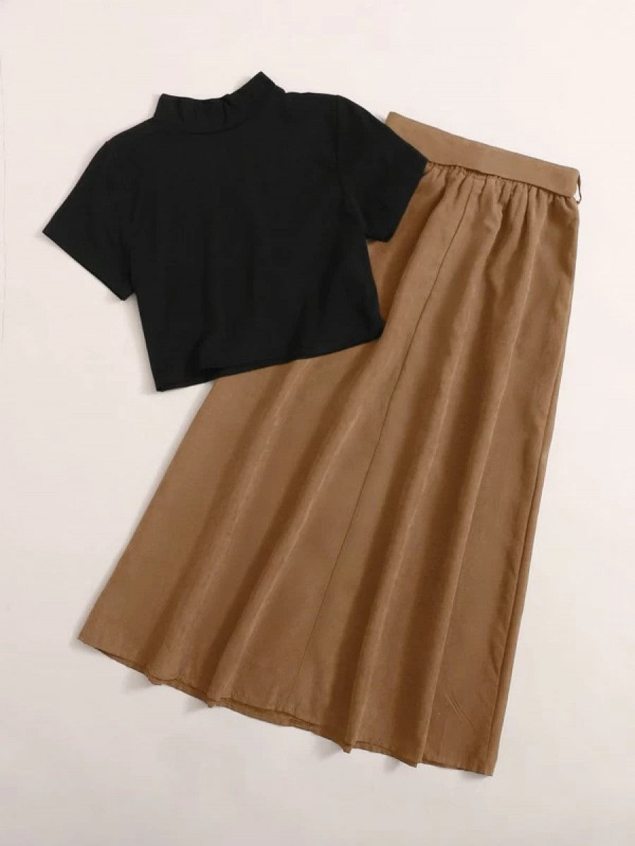 Mock Neck Tee & Button Through Belted Skirt Shein