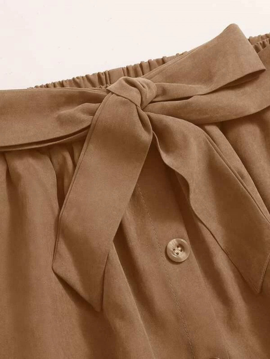 Mock Neck Tee & Button Through Belted Skirt Shein