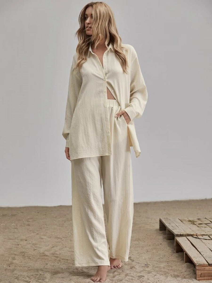 Slit Hem Longline Blouse & Wide Leg Pants Set Shein