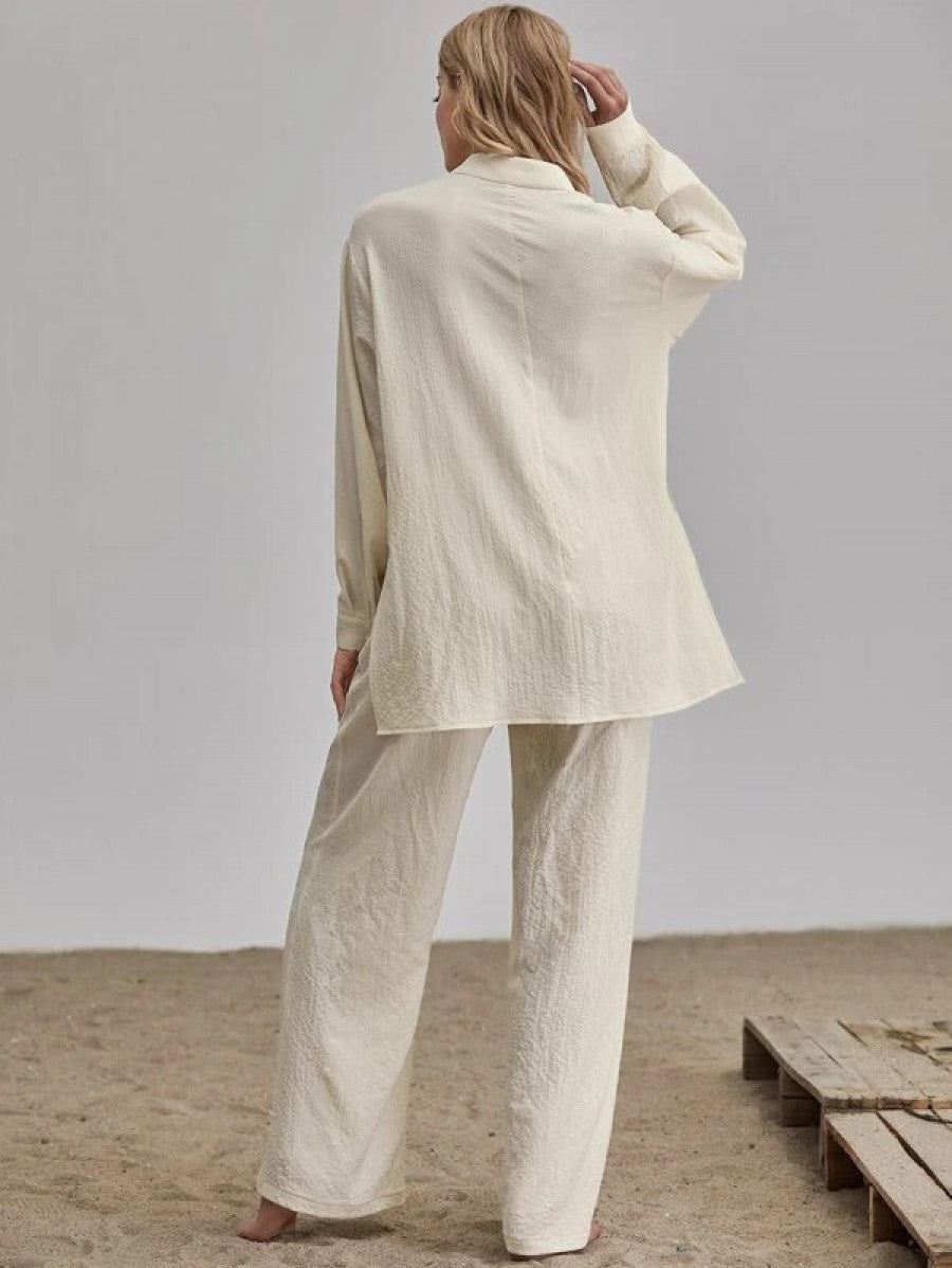 Slit Hem Longline Blouse & Wide Leg Pants Set Shein