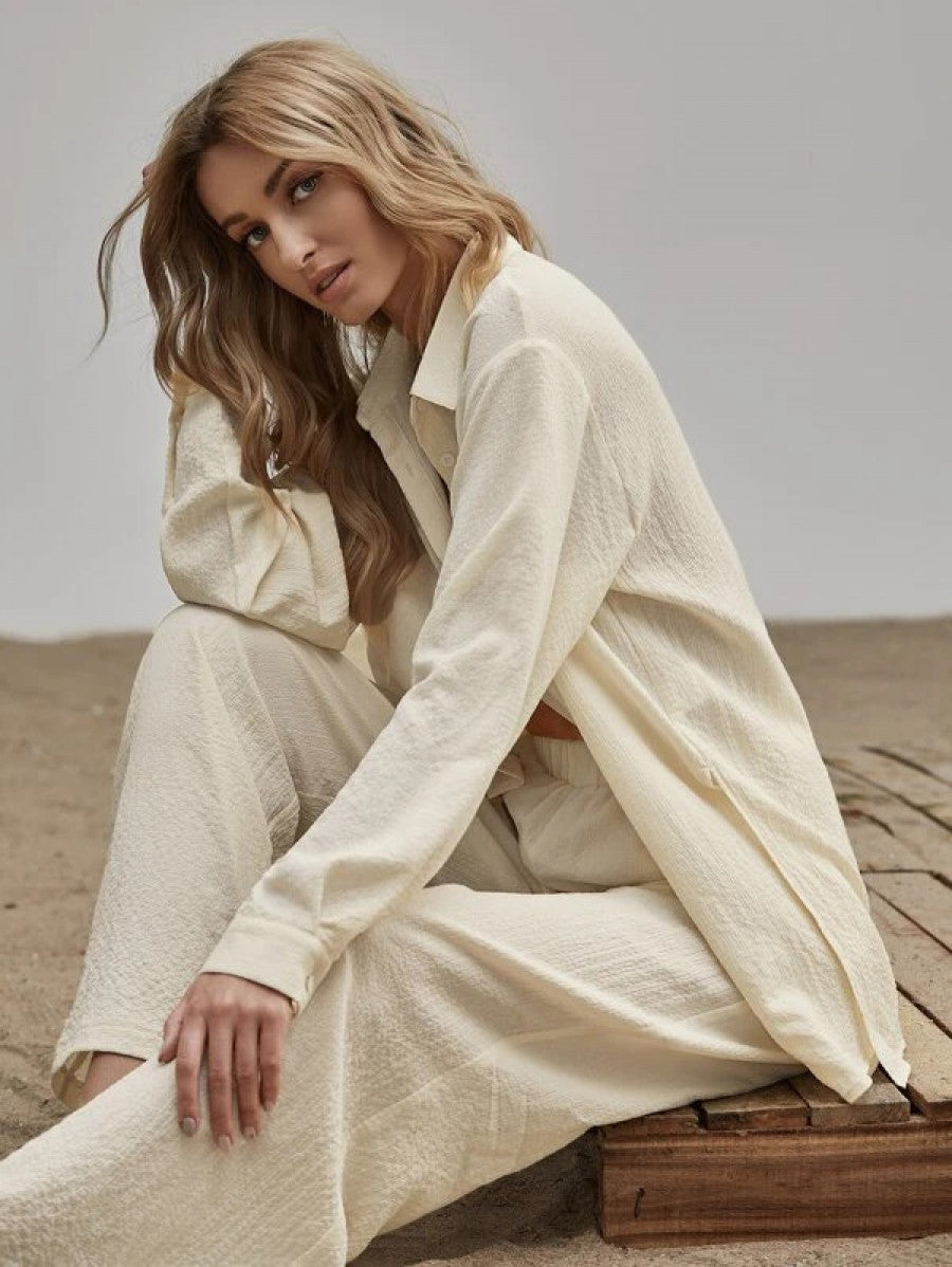 Slit Hem Longline Blouse & Wide Leg Pants Set Shein