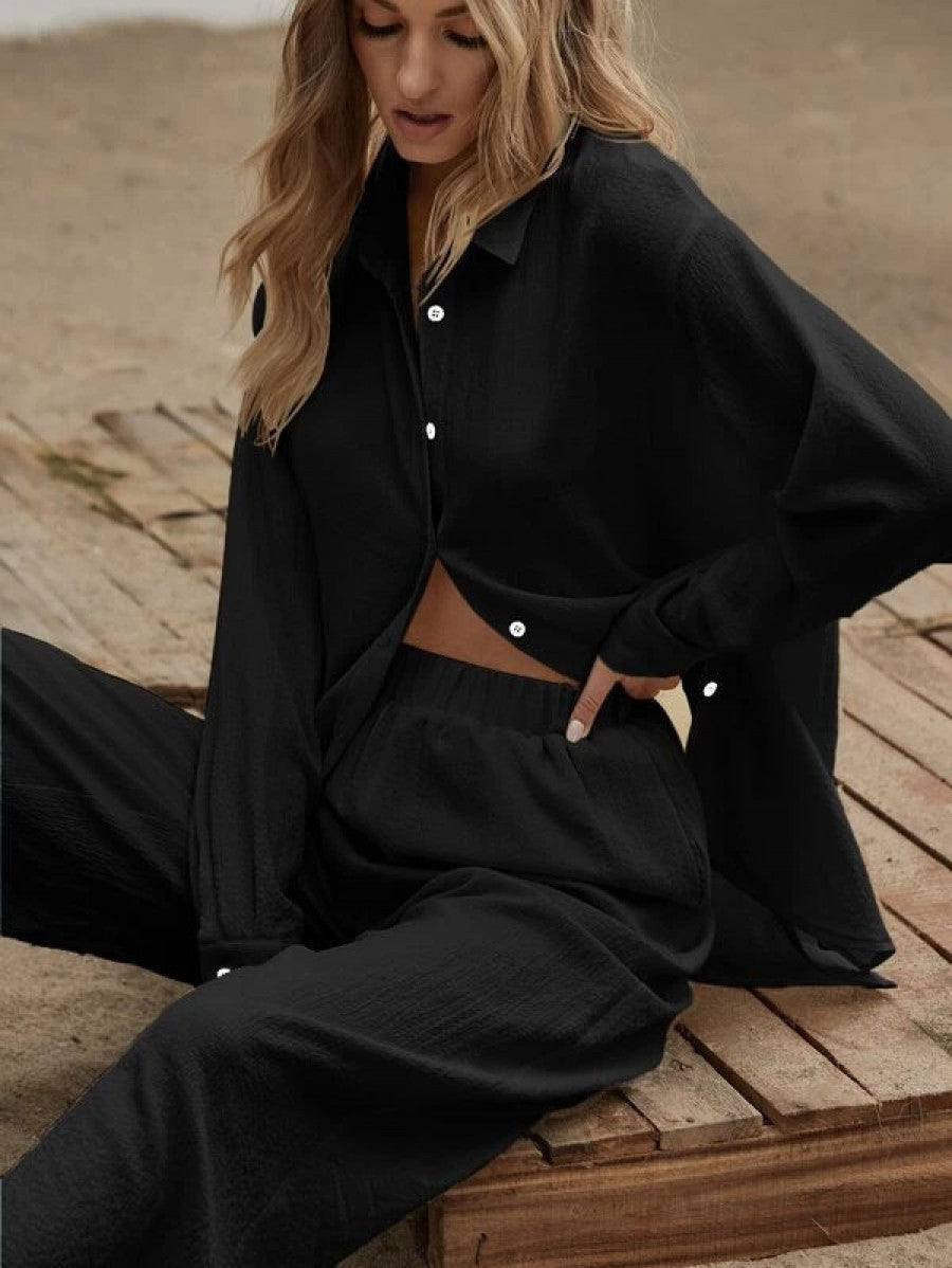Slit Hem Longline Blouse & Wide Leg Pants Set Shein