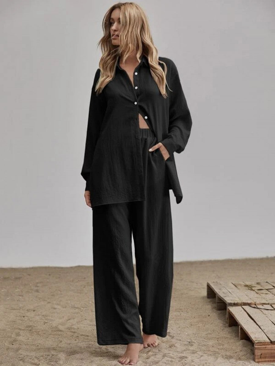 Slit Hem Longline Blouse & Wide Leg Pants Set Shein